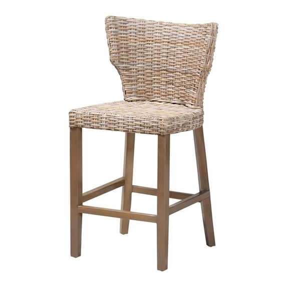 bali & pari Enver Bohemian Gray Kubu Rattan and Mahogany Wood Counter Stool