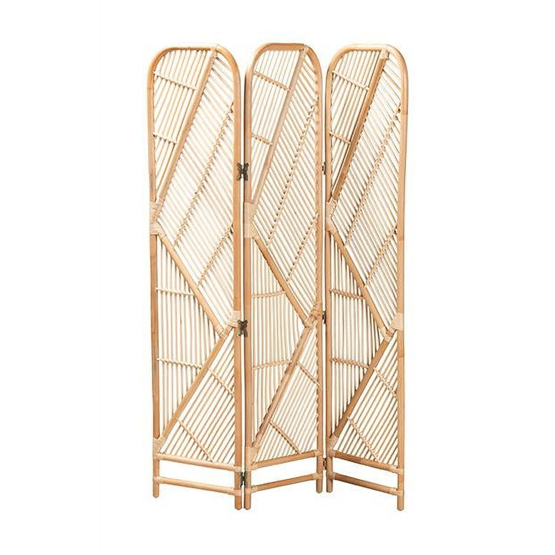 Natural Brown Rattan Folding Room Divider with Geometric Design