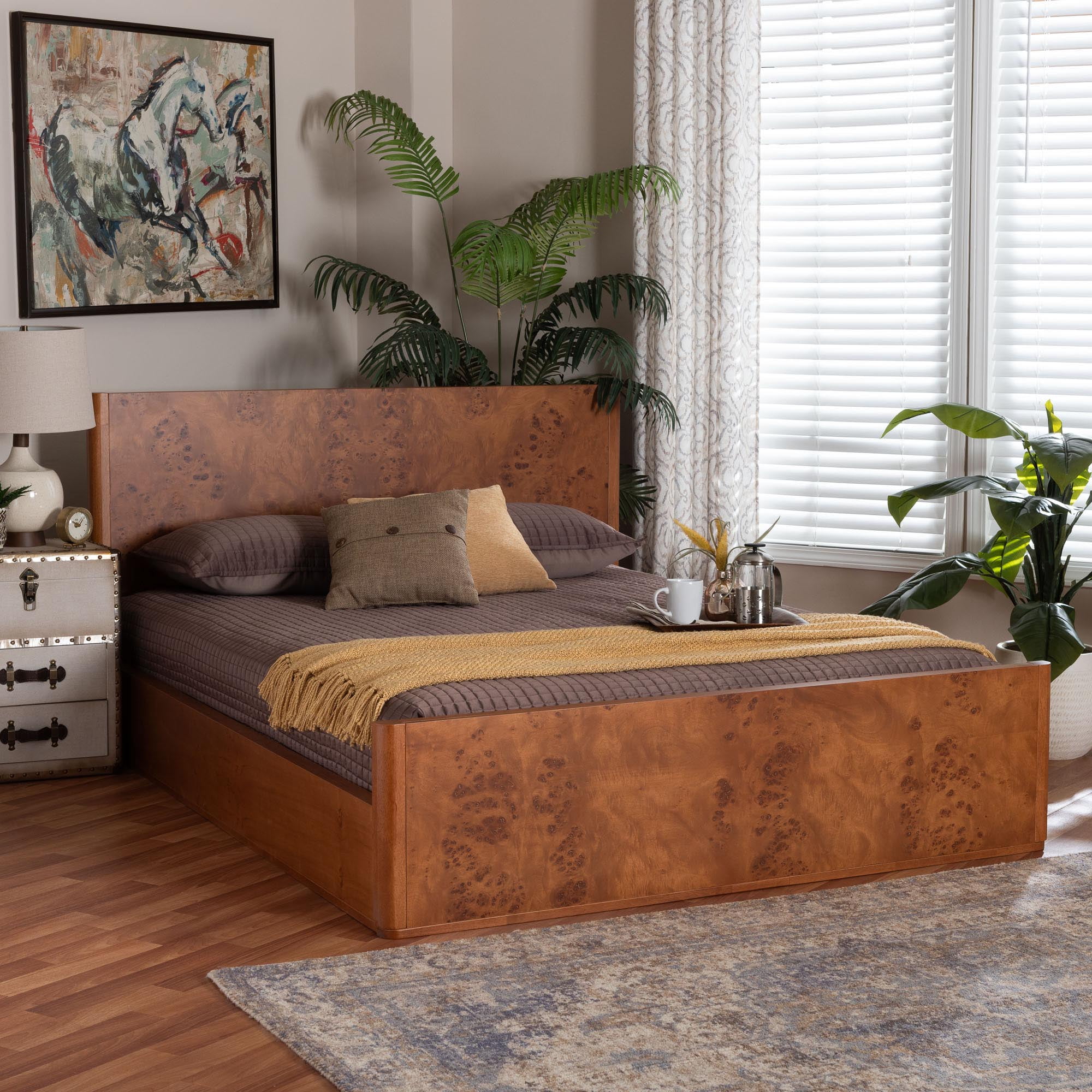 bali & pari Fuentes Modern Platform Bed, Queen, Light Cherry Mappa Burl