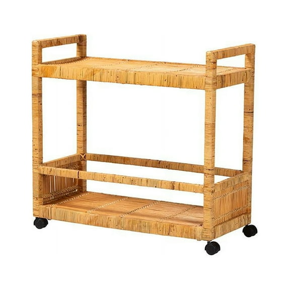 bali & pari Bohemian Natural Brown Rattan and Teak Wood 2-Tier Kitchen Cart