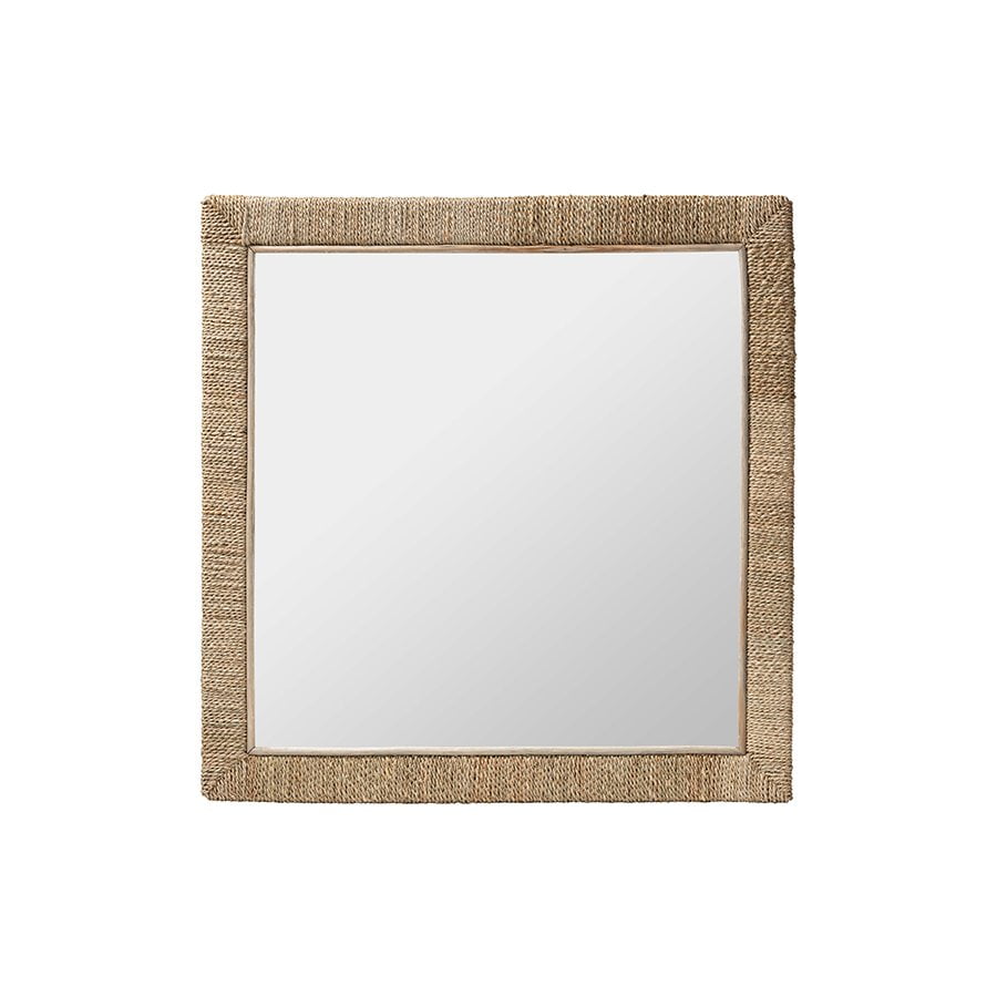 Japandi Natural Seagrass Square Wall Mirror with Mahogany Frame