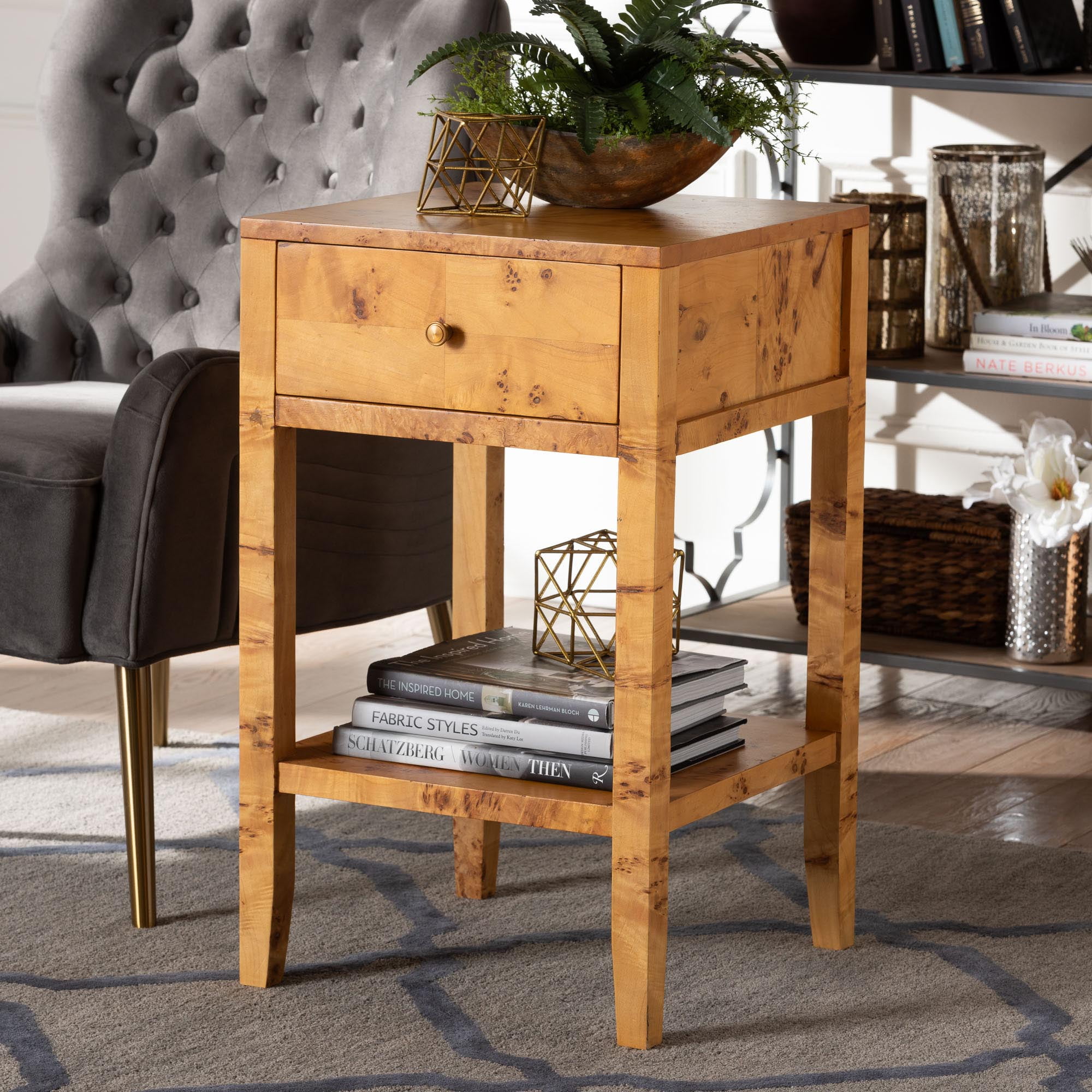 bali & pari Ghina Modern Nightstand, 1-Drawer, Light Mappa Burl