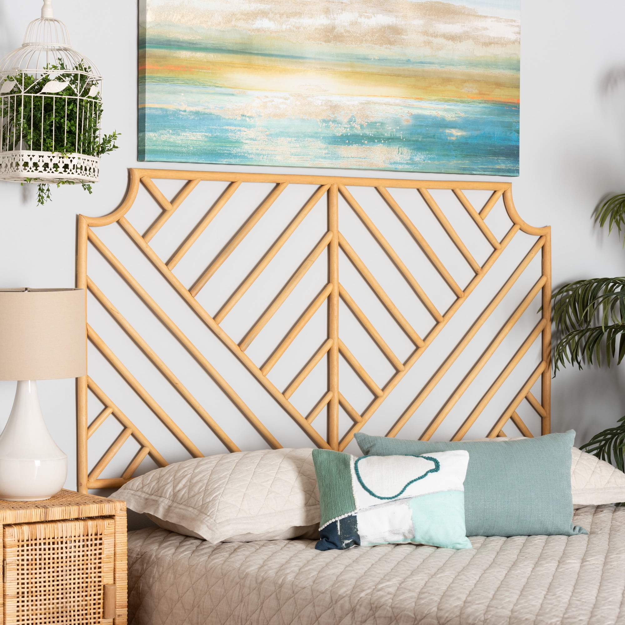 bali & pari Giza Rattan BOHO Headboard, Queen Size, Natural Brown