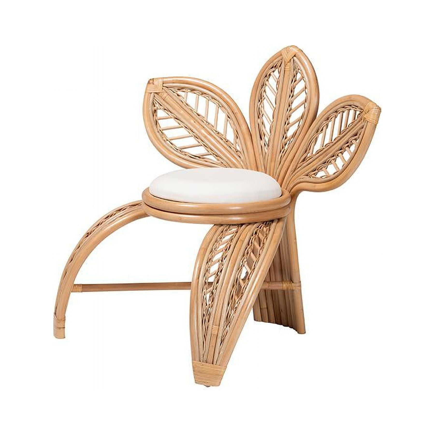 Handcrafted Natural Rattan Leaf Accent Chair with White Cushion