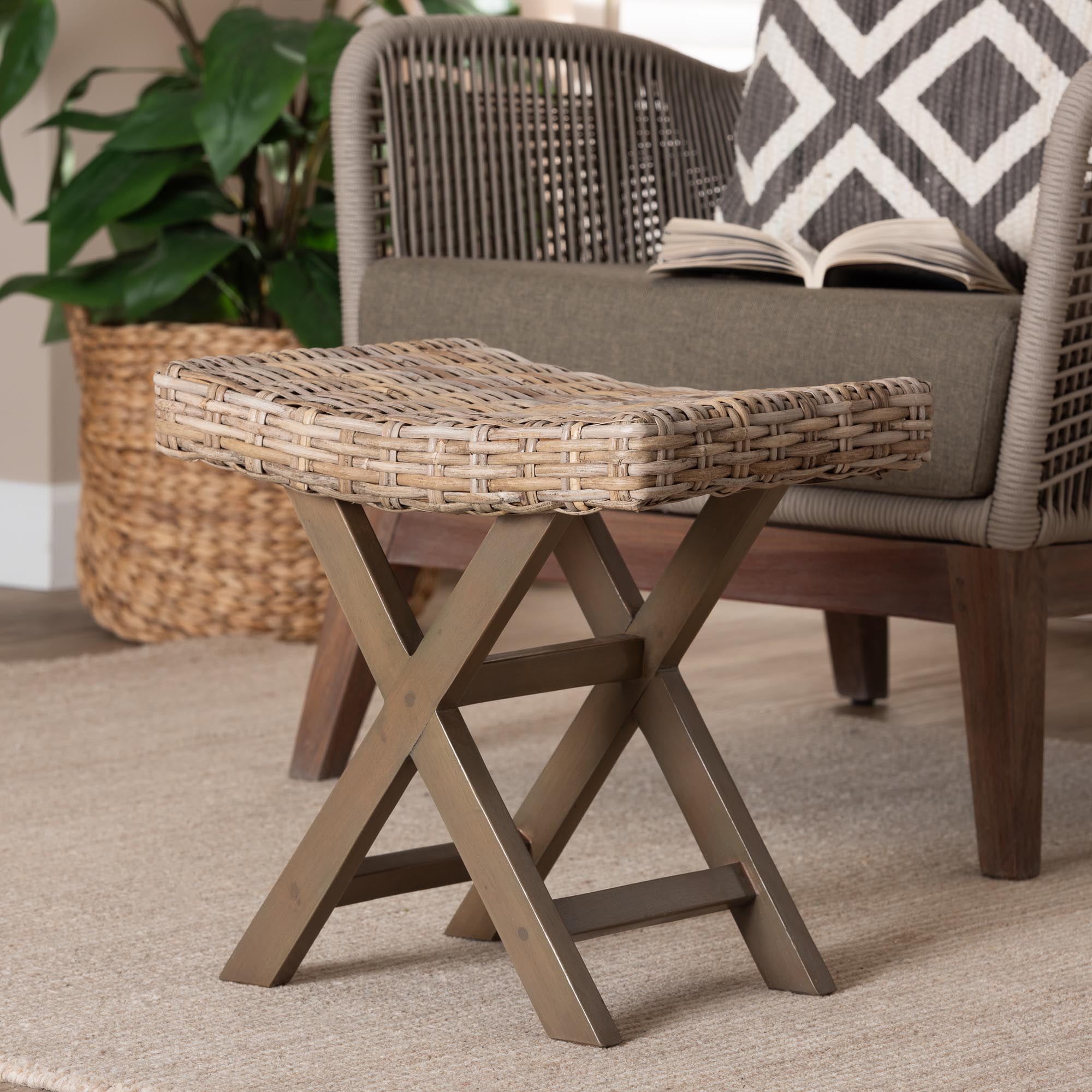 Bali Pari Hayate Boho Ottoman Footstool Handwoven Natural Kubu Rattan Grey