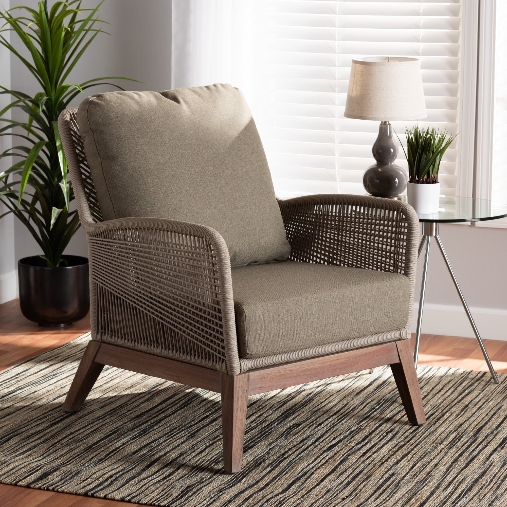 bali & pari Jennifer Mid-Century Transitional Grey Woven Rope Mahogany Accent Chair