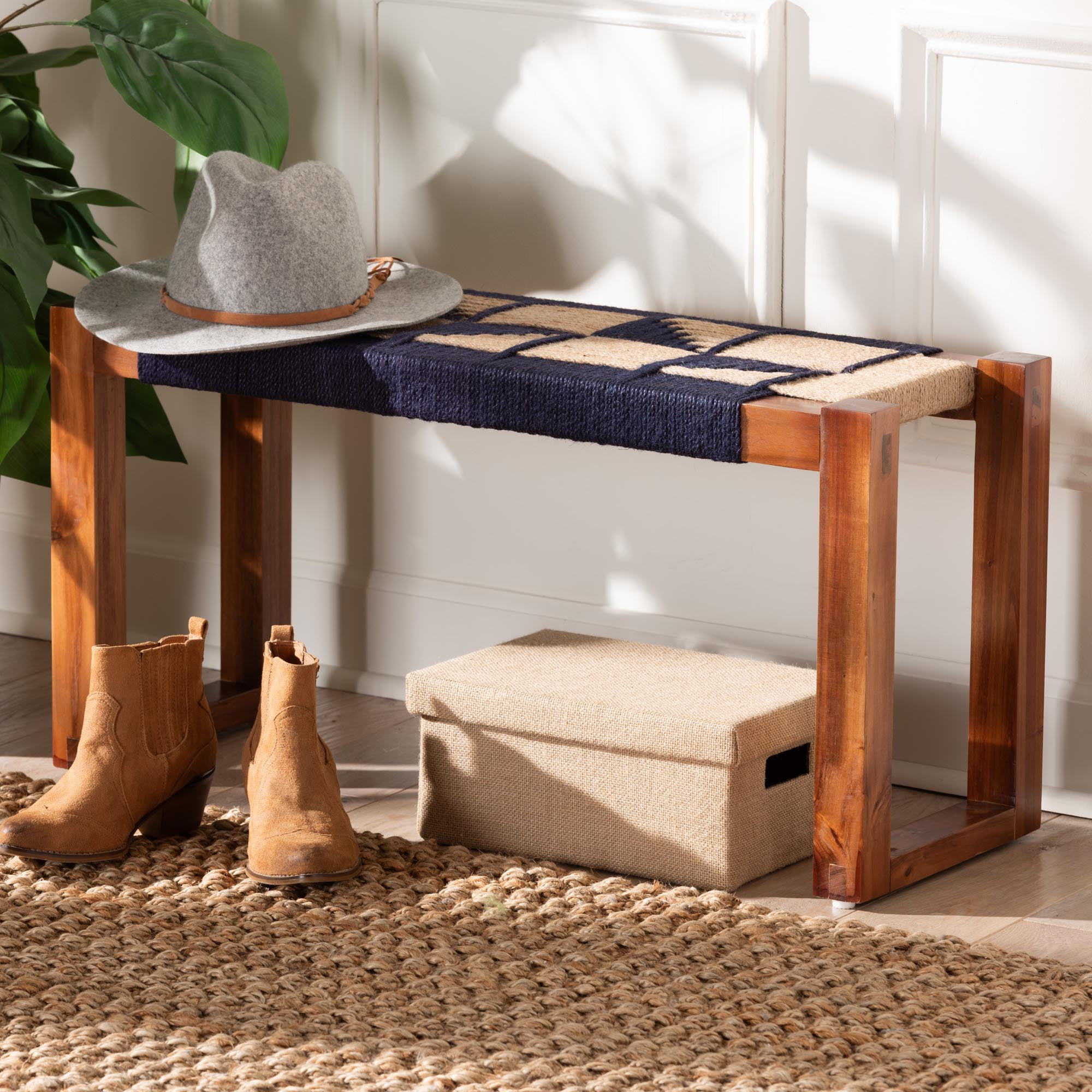 bali & pari Jerilyn Modern Bohemian Two-Tone Navy Blue and Natura Brown Seagrass and Acacia Wood Accent Bench
