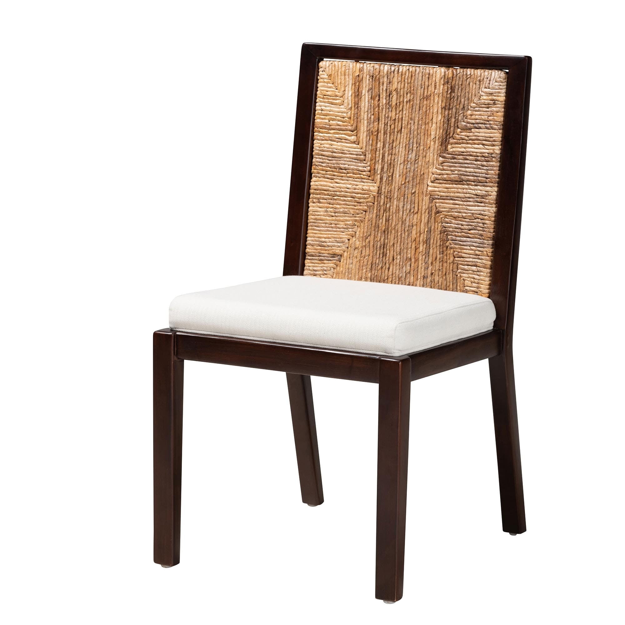 bali & pari Joana Modern Bohemian Dark Brown Mahogany Wood and Natural Abaca Dining Side Chair