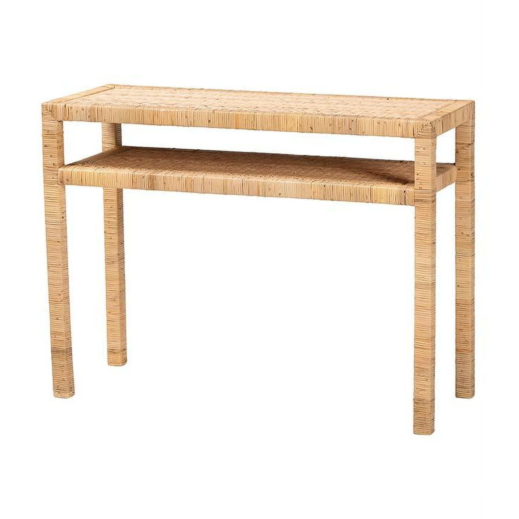 Light Honey Acacia Wood and Rattan Console Table with Storage