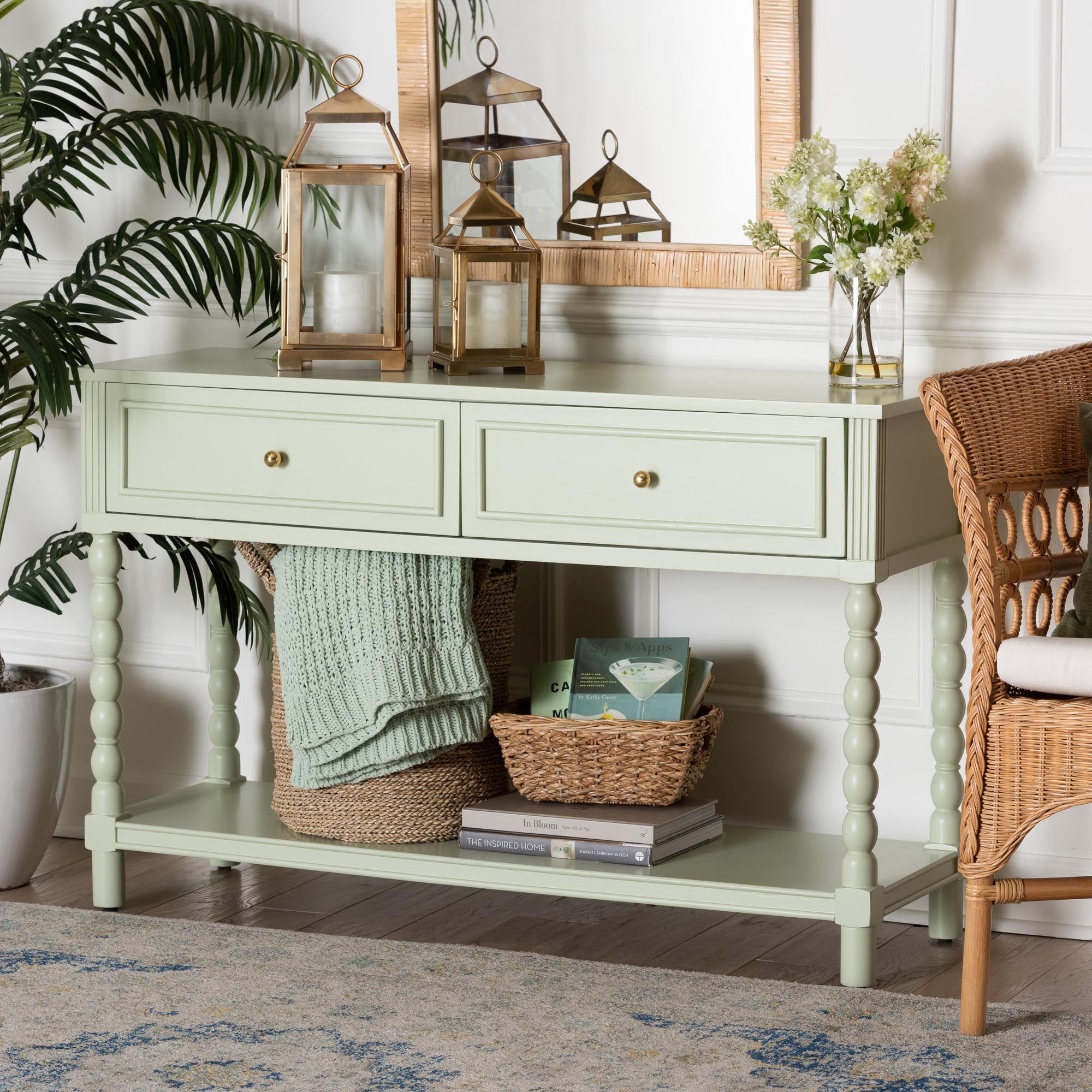 bali & pari Karnia Modern Console Table, 2-Drawer, Mint Green