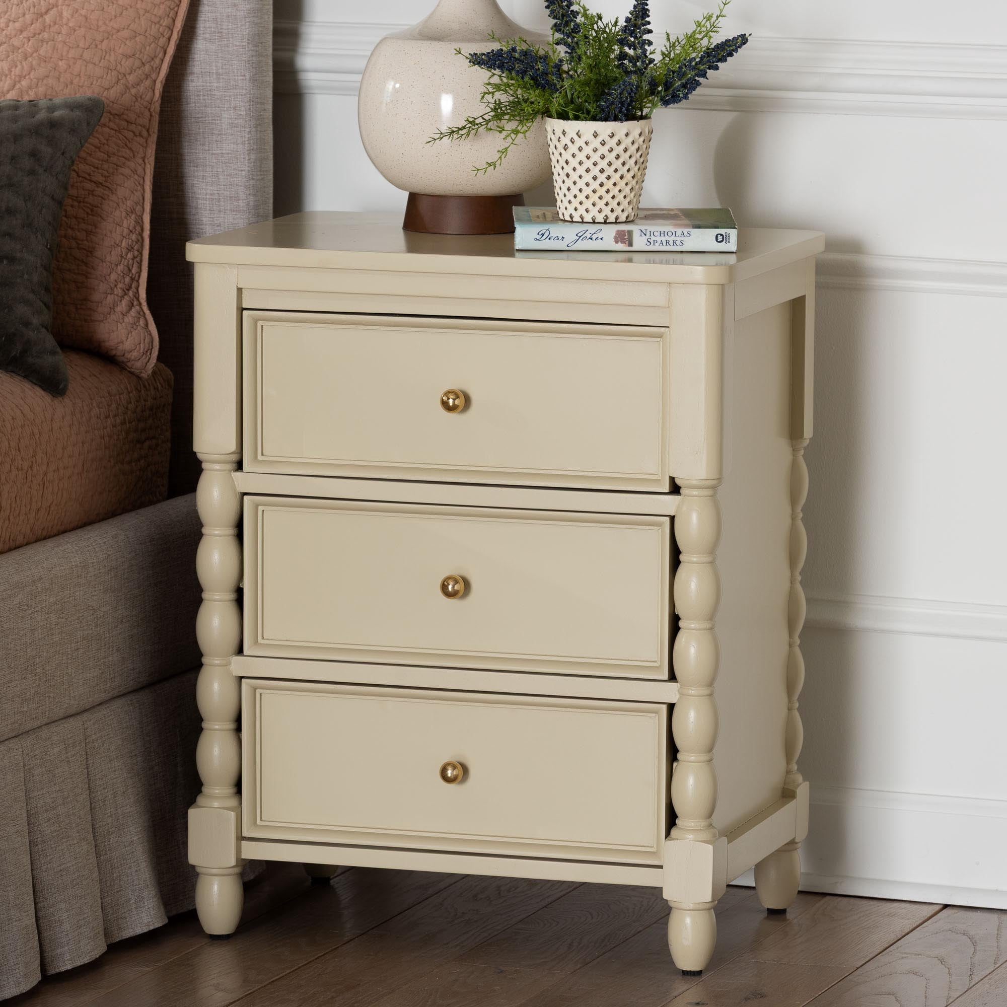 bali & pari Kyla Modern Nightstand, 3-Drawer, Beige