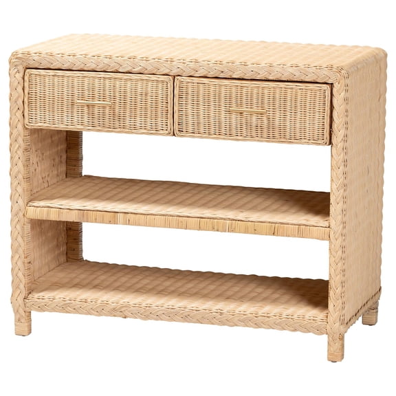 bali & pari Lanica Braided Natural Rattan Console Table with Drawers and Shelves