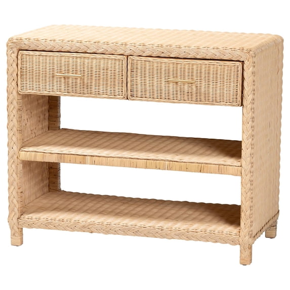 bali & pari Lanica Braided Natural Rattan Console Table with Drawers and Shelves