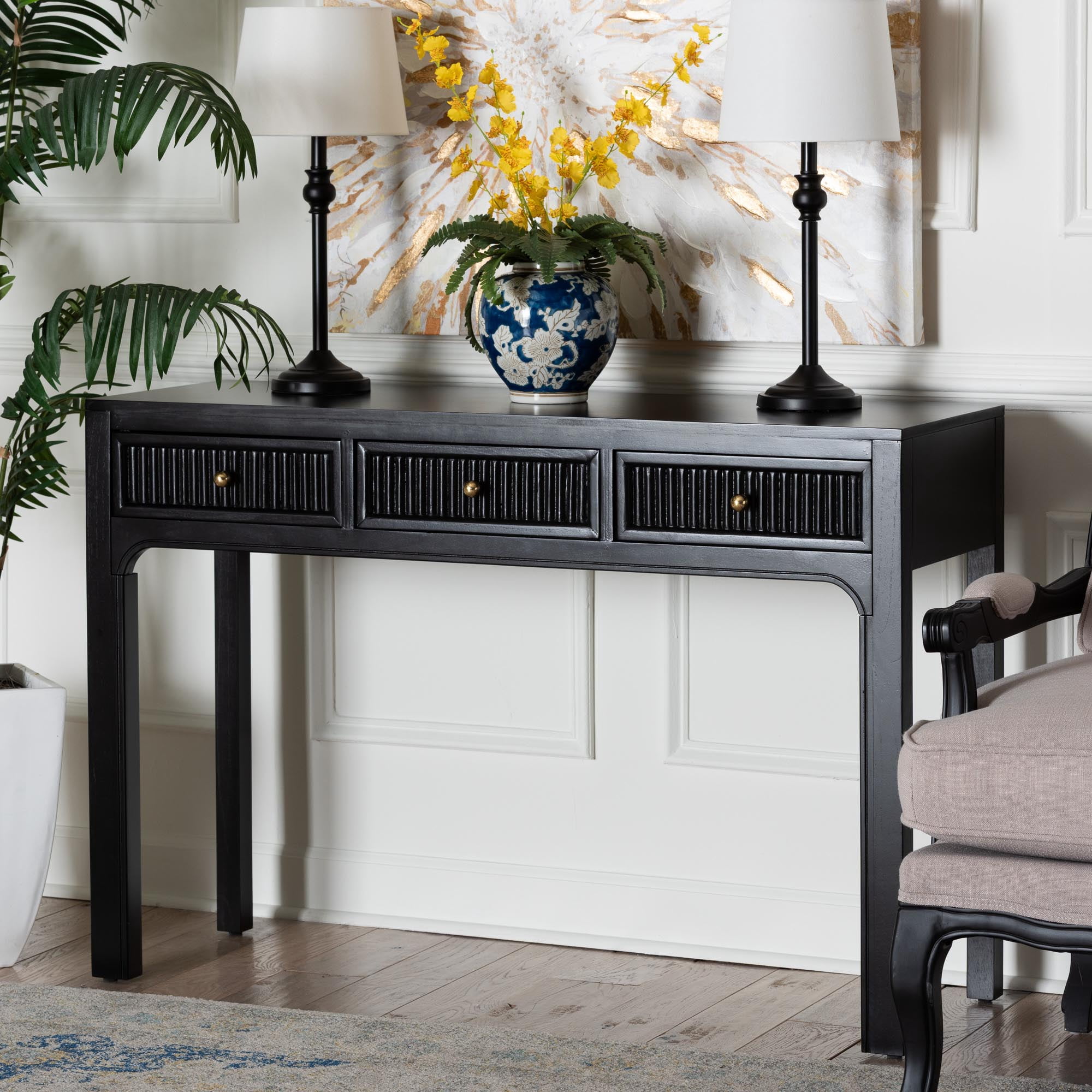 bali & pari Leah Modern Console Table, 3-Drawer, Black