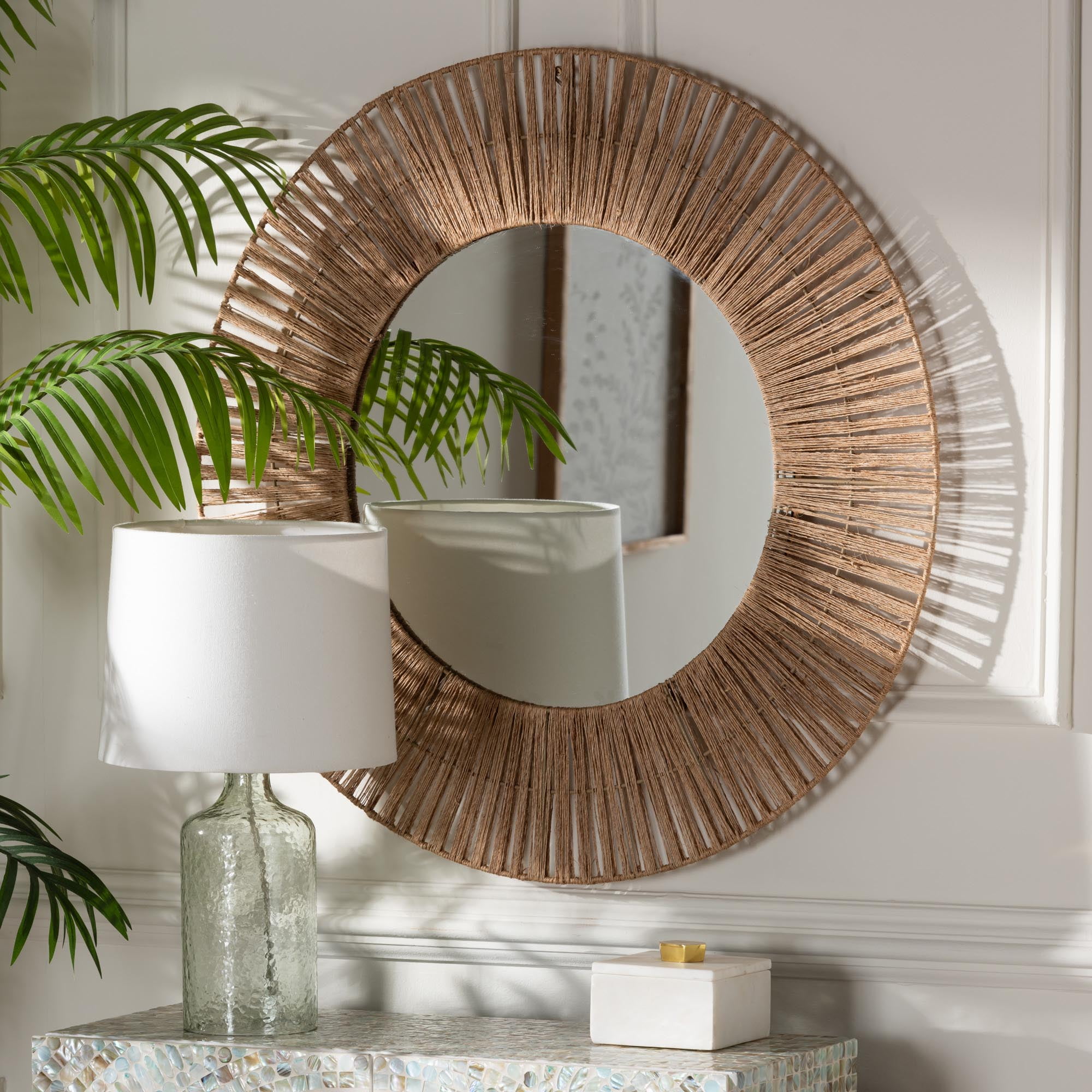 bali & pari Leala Modern Bohemian Metal and Natural Brown Seagrass Accent Wall Mirror
