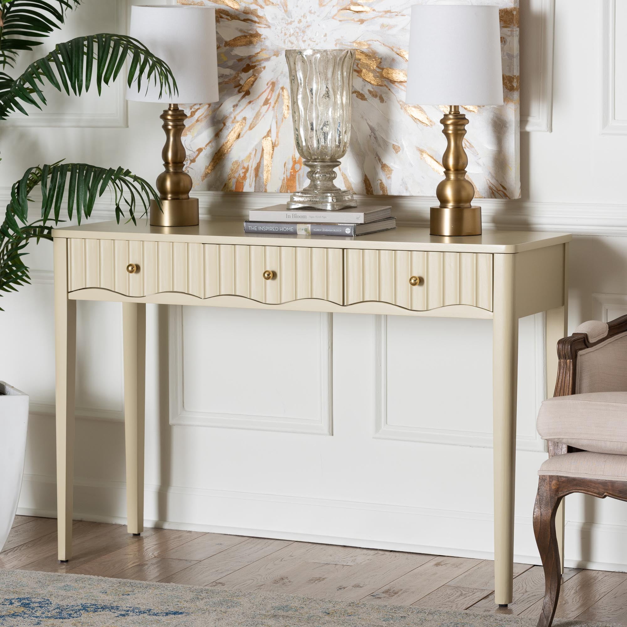 bali & pari Leeba Modern Console Table, 3-Drawer, Beige