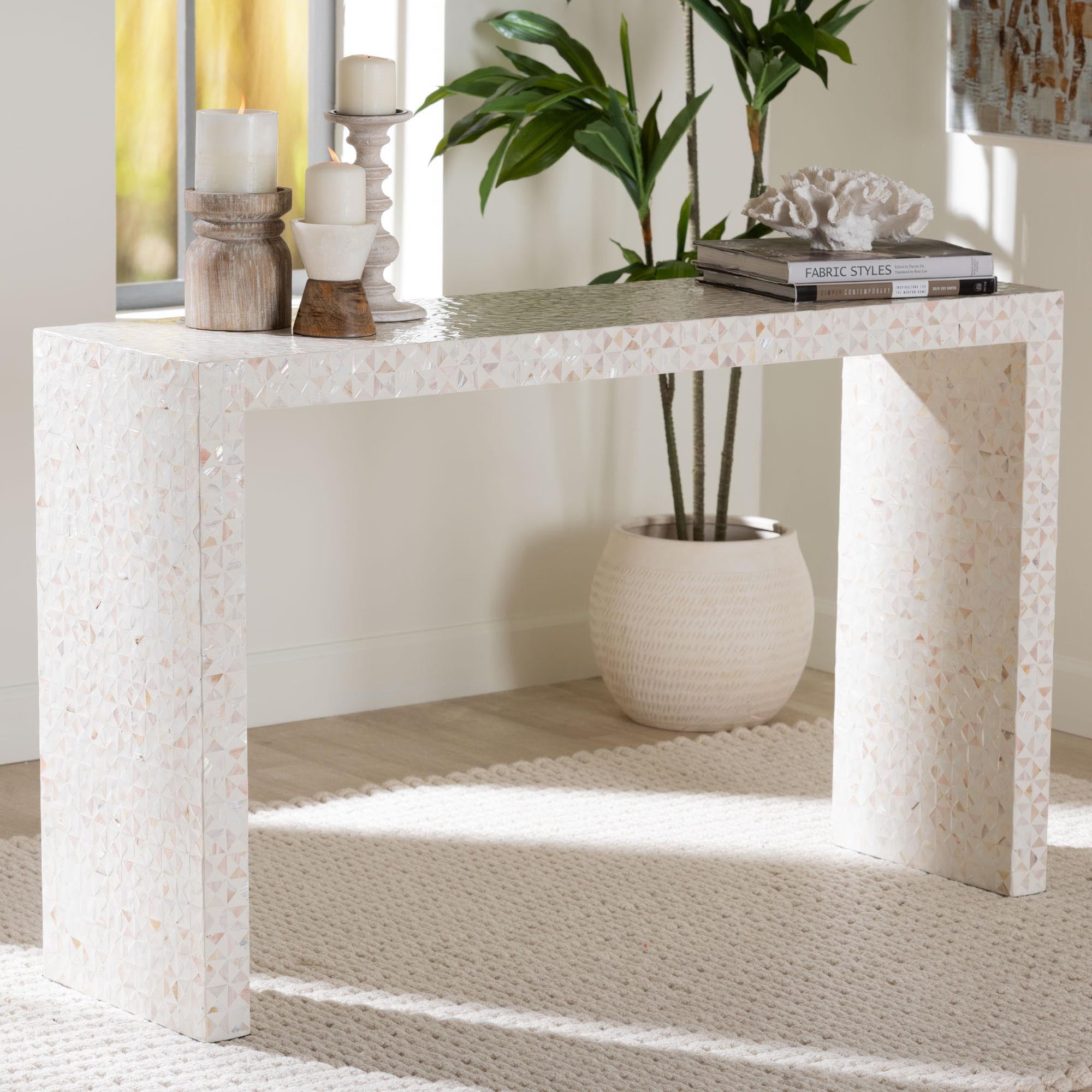 bali & pari Magara Coastal Console Table, Light Beige/Ivory
