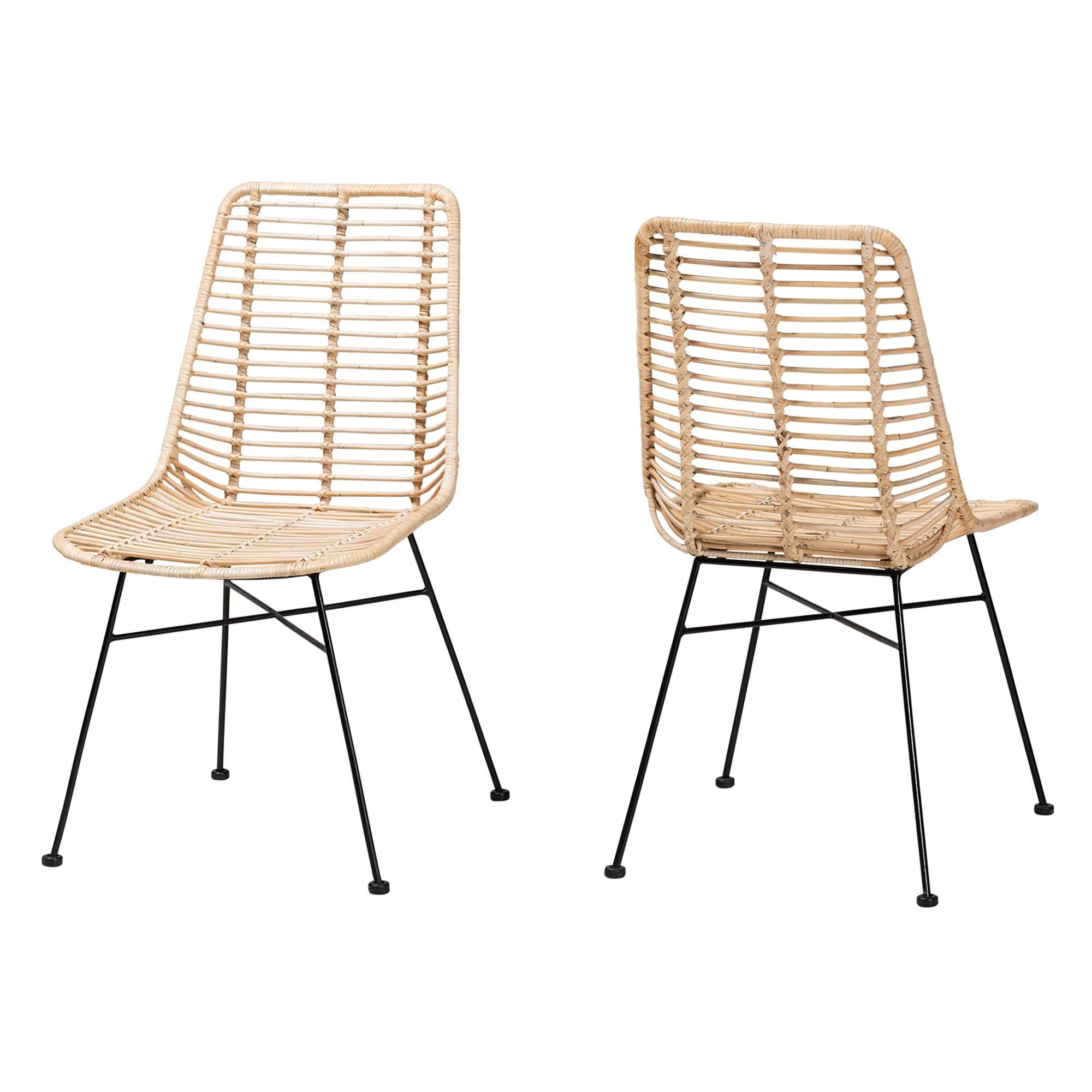 Natural Rattan and Black Metal Bohemian Side Chair Set