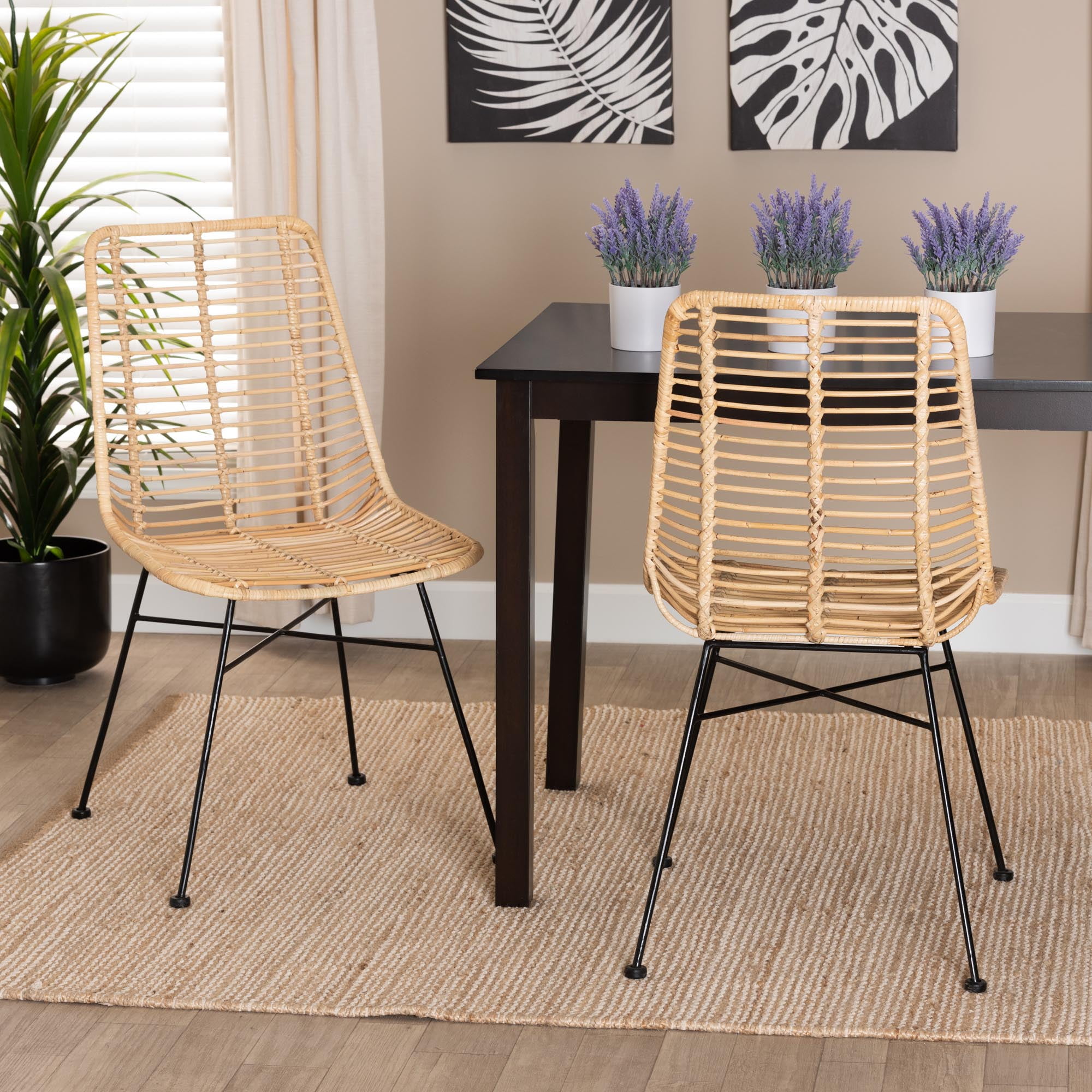 bali & pari Manhattan Rattan BOHO Dining Chairs, Set of 2, Natural Brown