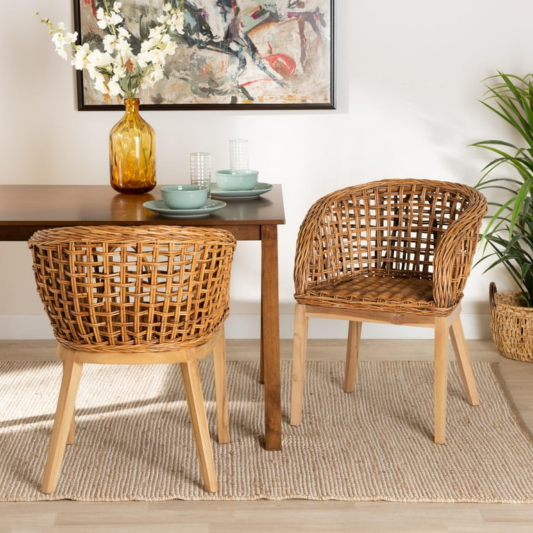 Mario Boho Teak Wood Rattan Dining Chairs Set of