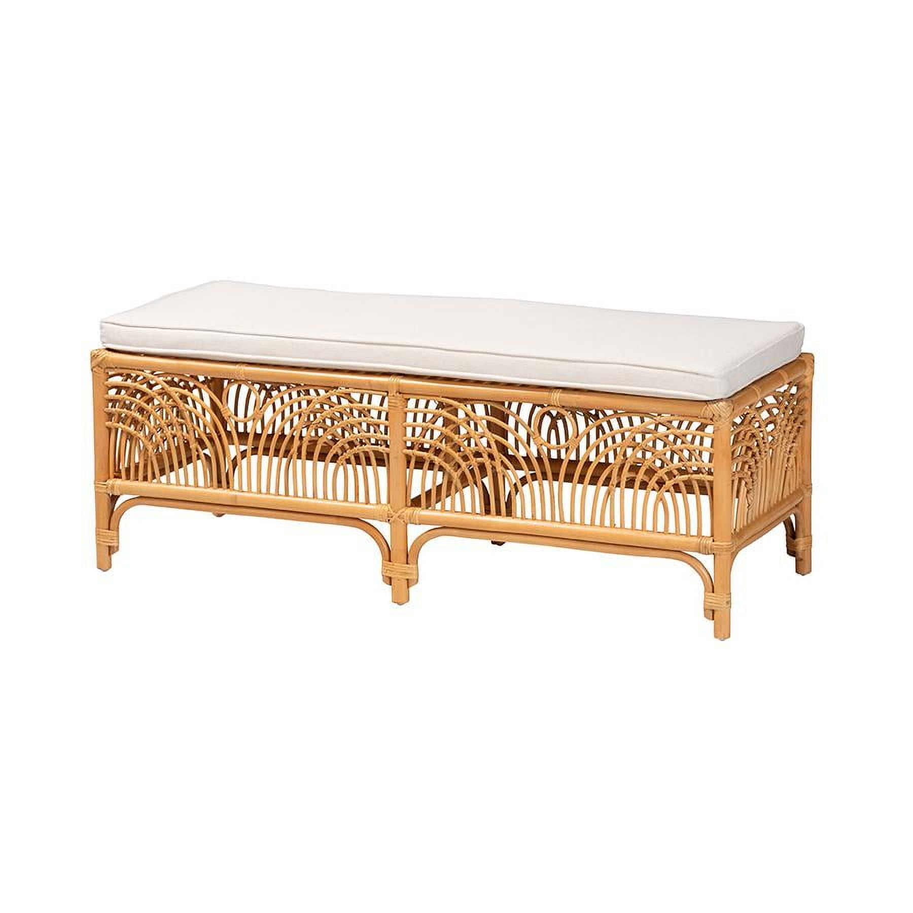 Materra Natural Brown Rattan Bench with Plush White Cushion