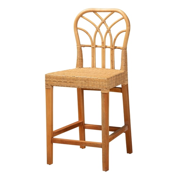 bali & pari Monaco Modern Bohemian Natural Rattan and Mahogany Wood Counter Stool