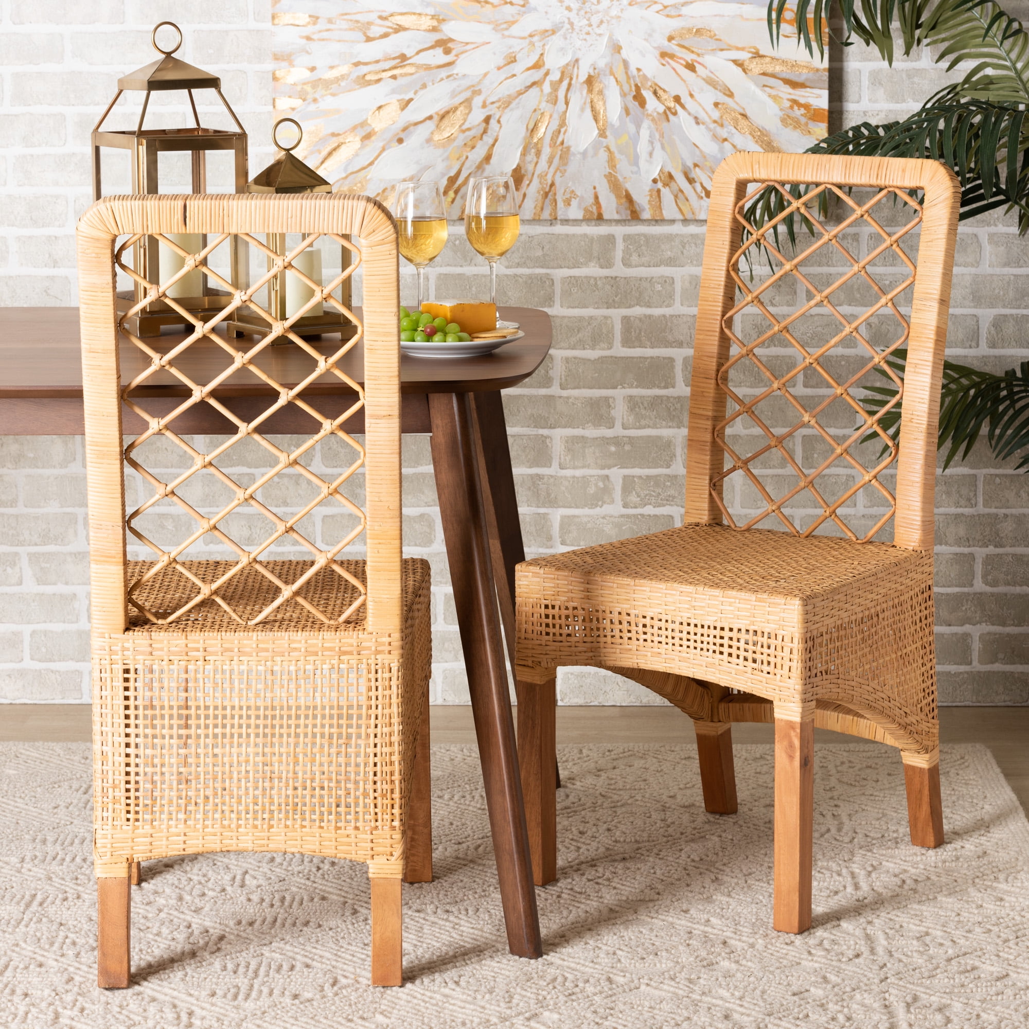 bali & pari Moscow Rattan and Mahogany wood BOHO Dining Chairs, Set of 2, Natural Brown