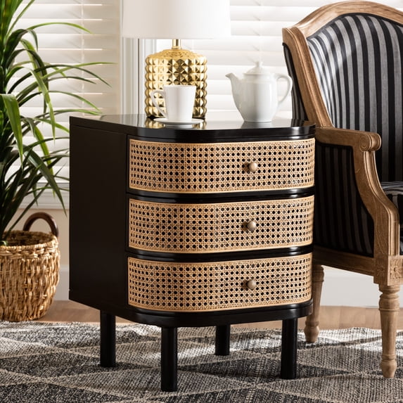 bali & pari Nabila Rattan and Bayur Wood BOHO Nightstand, 3-Drawer, Black