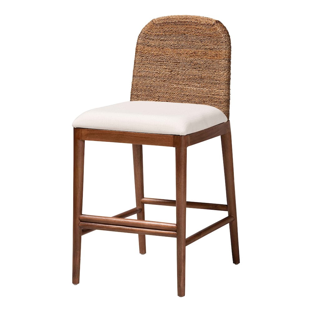 Nadim White Fabric and Acacia Wood Counter Stool with Seagrass Backrest