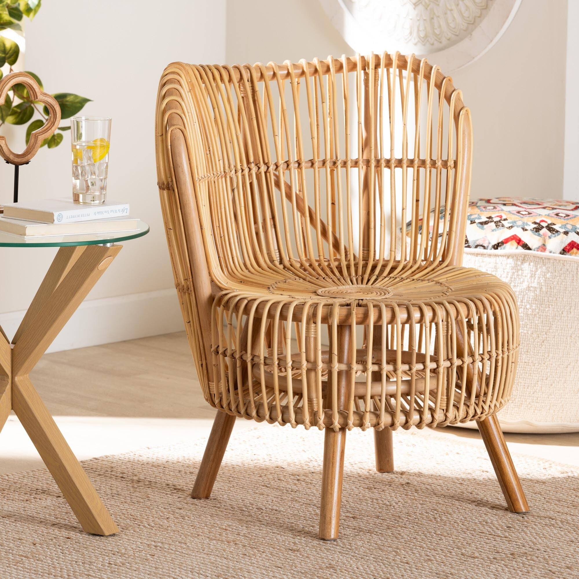 Small Natural Brown Handcrafted Rattan Lounge Chair with Teak Legs