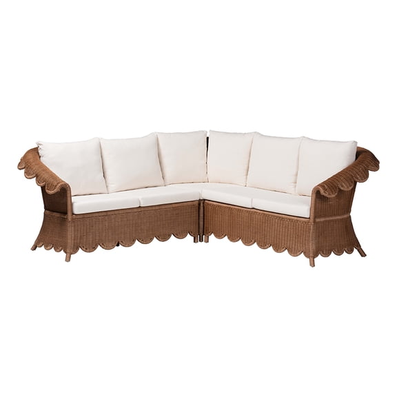 bali & pari Detta Natural Rattan 3-Piece Sectional Set - Handwoven Wicker Corner Lounge Seating with Scalloped Skirt Base and Rolled Arms, Boho Coastal Style for Sunroom or Living Room