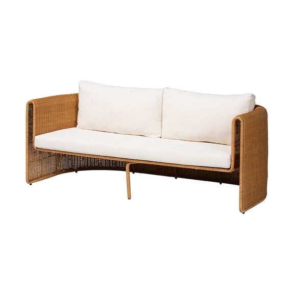 bali & pari Carina Natural Rattan Sofa with Cushion - Handwoven 3-Seater Couch with U-Shaped Sculptural Frame and Deep Seating for Boho, Coastal, or Tropical Living Spaces