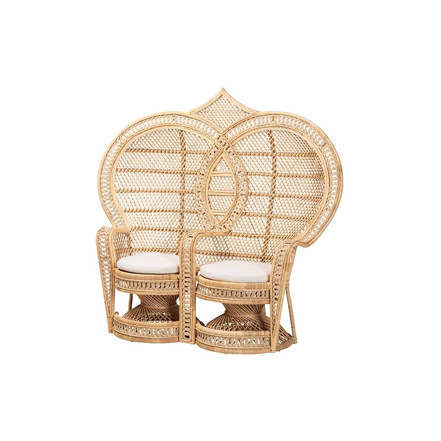 Handcrafted Bohemian Natural Brown Rattan Two-Seater Peacock Chair