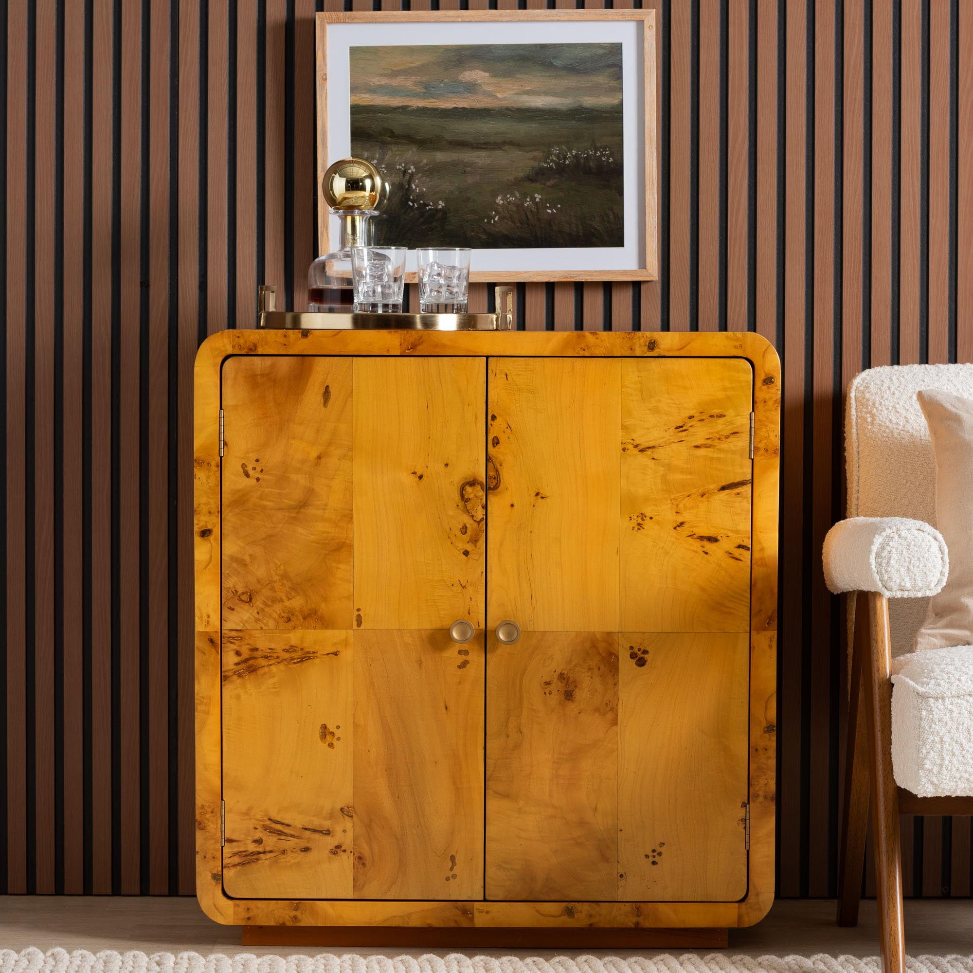 bali & pari Netra Modern Storage Cabinet, 2-Shelf, Light Mappa Burl