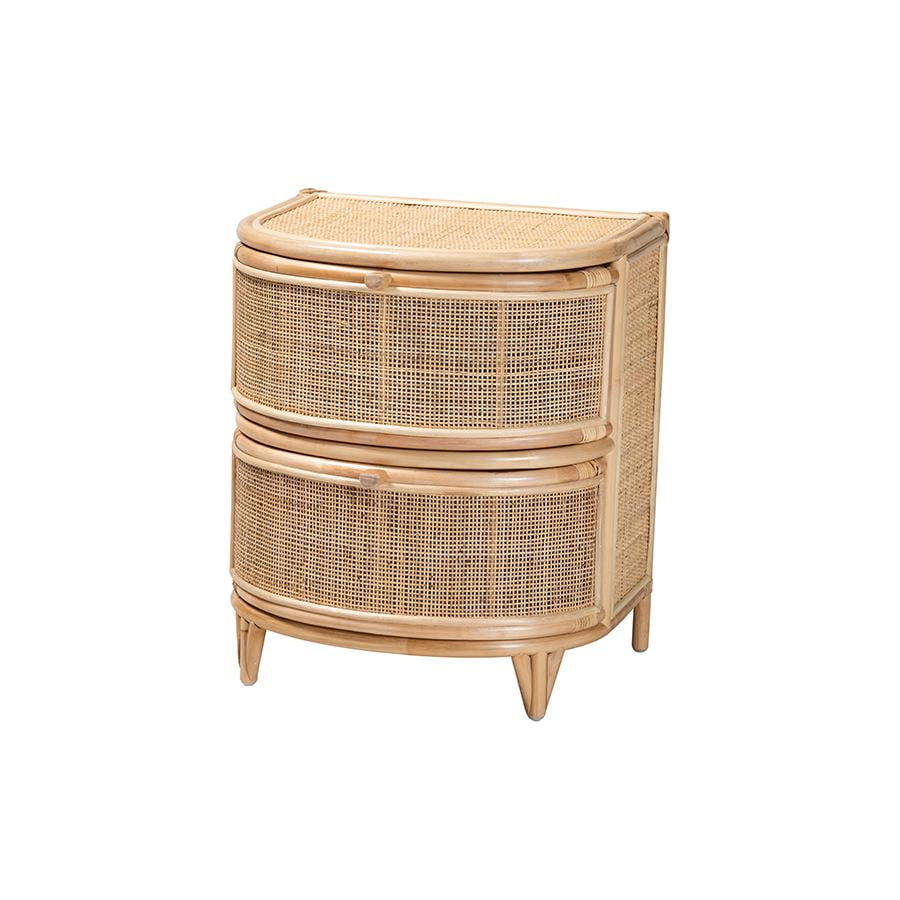 Natural Brown Rattan 2-Drawer Curved Nightstand