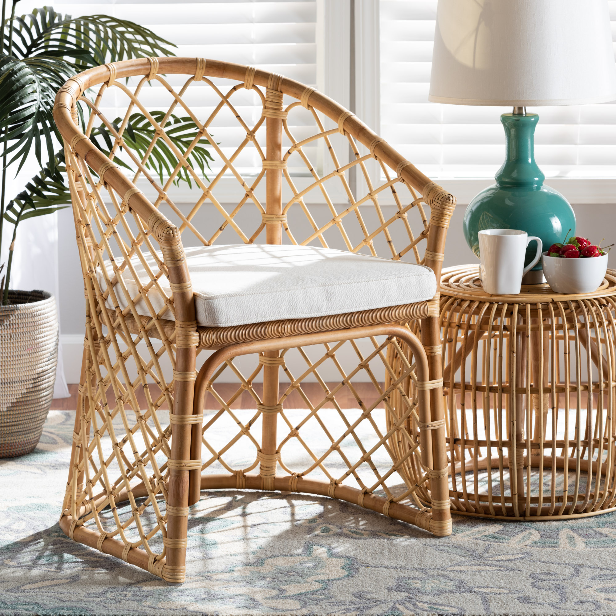 bali & pari Orchard Modern Bohemian White Fabric Upholstered and Natural Brown Rattan Dining Chair - image 1 of 10