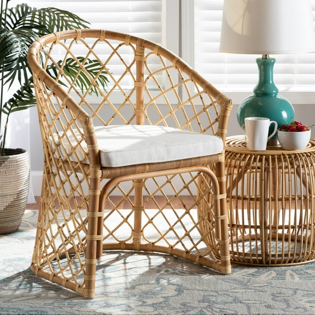 bali & pari Orchard Modern Bohemian White Fabric Upholstered and Natural Brown Rattan Dining Chair