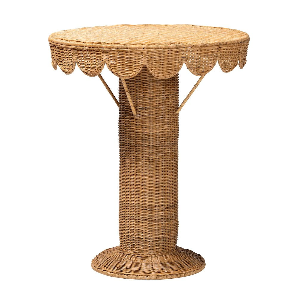 Pabla Light Honey Rattan and Metal Round Scalloped Accent Table