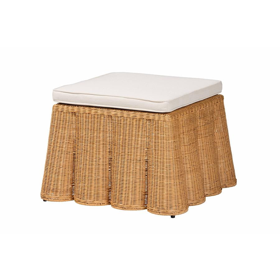 Honey Scallop Rattan Ottoman with White Upholstered Cushion