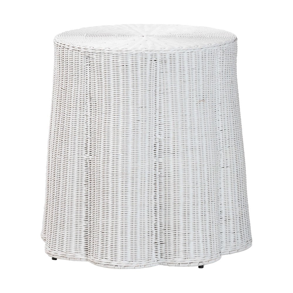 Palm 28" White Round Rattan and Metal End Table
