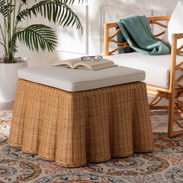 Bali & Pari Brooklyn Sgabello Ottomano Intrecciato In Rattan Naturale, Colore Miele Chiaro, Con Cuscino Imbottito, 66x67x38 Cm - 4