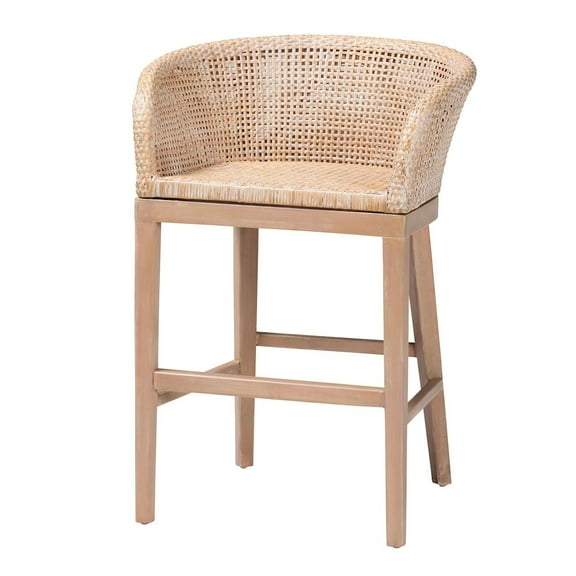 bali & pari Papua Bohemian Antique White Washed Rattan and Mahogany Wood Counter Stool