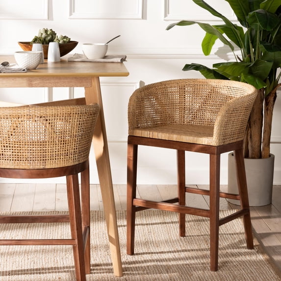 bali & pari Papua Rattan and Acacia Wood BOHO Counter Stool, Natural Brown