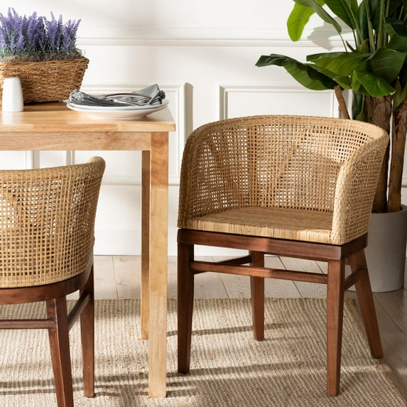 bali & pari Papua Rattan and Acacia Wood BOHO Dining Chair, Natural Brown