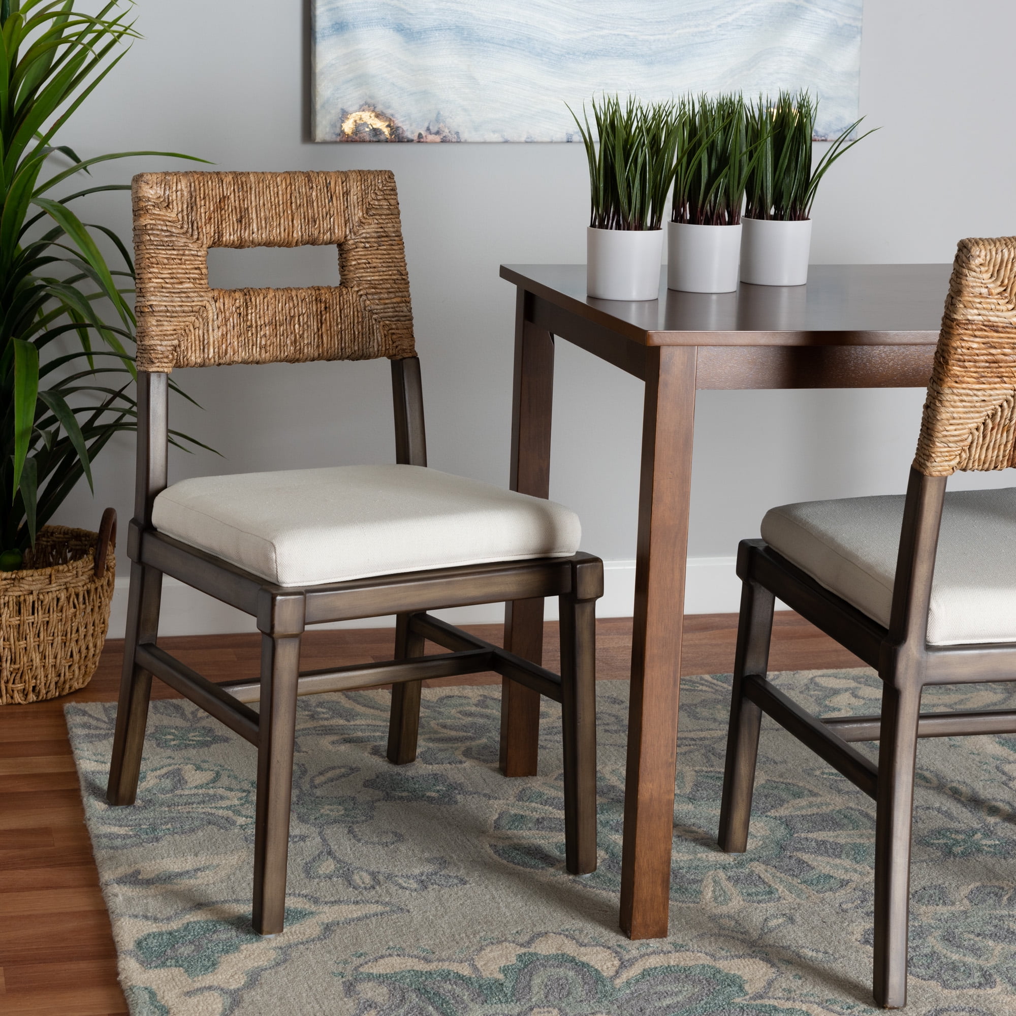bali \u0026 pari Porsha Modern Bohemian Dark Brown Finished Mahogany Wood and Rattan Dining Chair