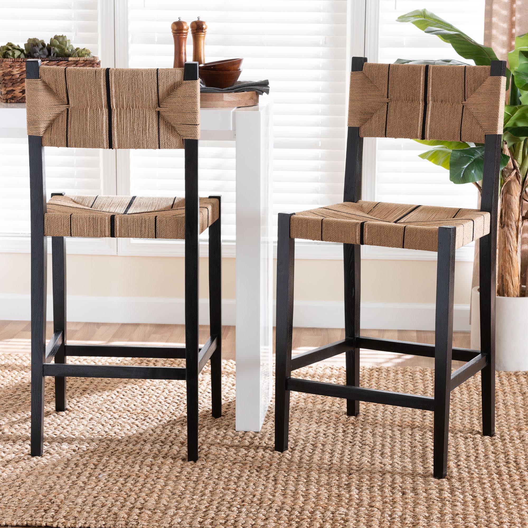 bali & pari Prita Bohemian Paper Loom and Black Mahogany Wood 2-Piece Bar Stool Set