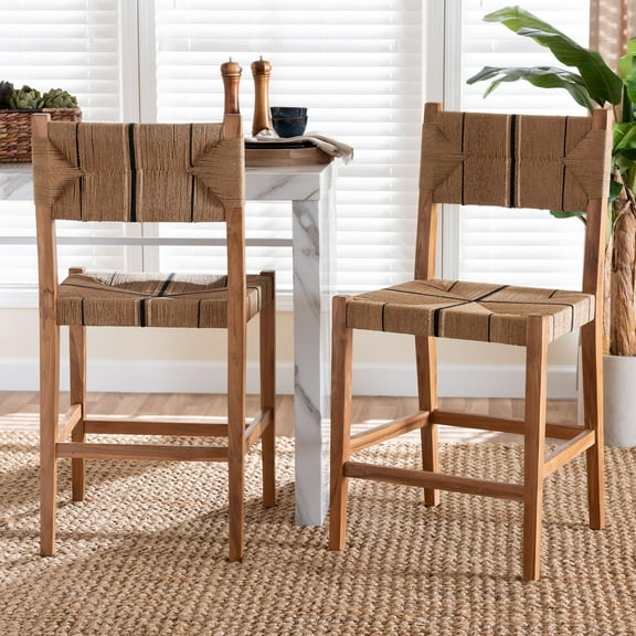 bali & pari Prita Bohemian Paper Loom and Natural Mahogany Wood 2-Piece Counter Stool Set