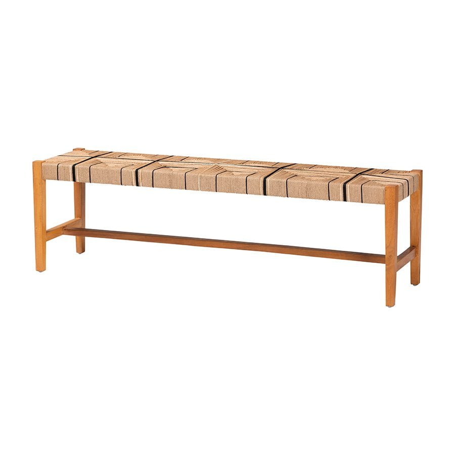 Natural Mahogany and Woven Paper Loom Bohemian Dining Bench