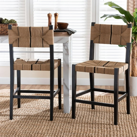 bali & pari Prita Bohemian Paper Loom and Black Mahogany Wood 2-Piece Counter Stool Set