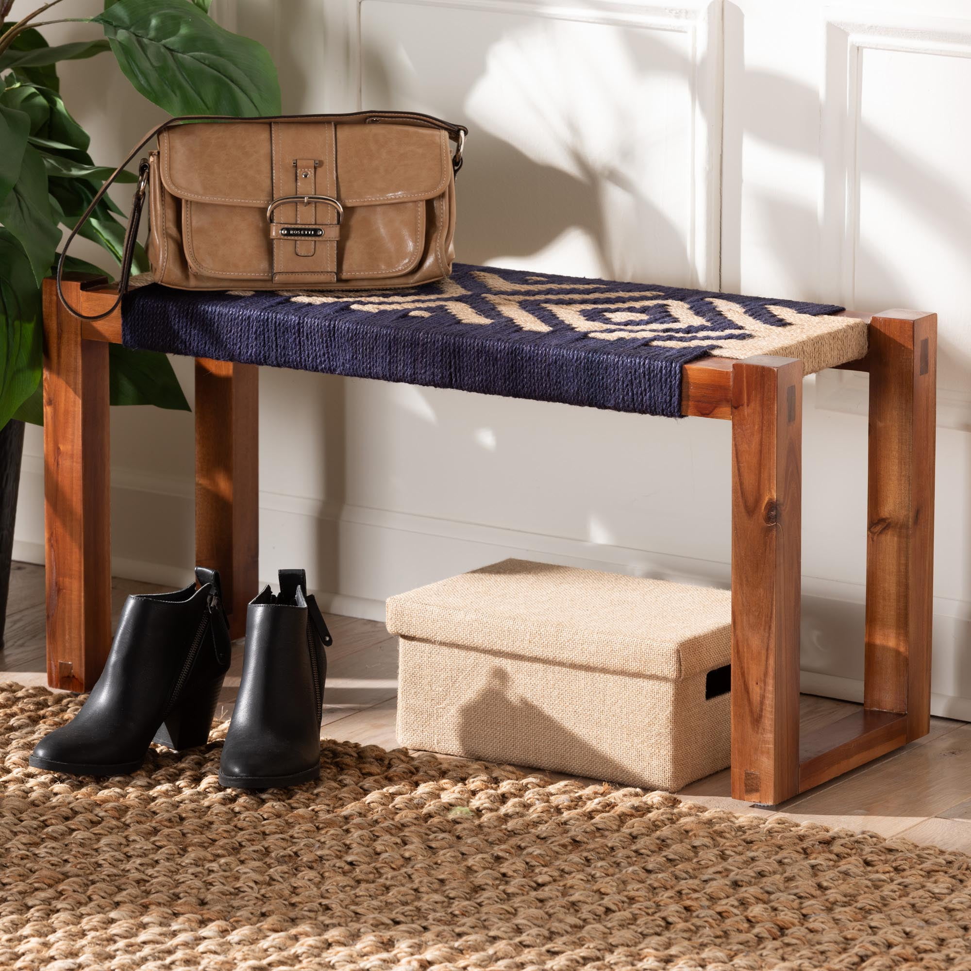 bali & pari Prunella Modern Bohemian Two-Tone Navy Blue and Natural Brown Seagrass and Acacia Wood Accent Bench